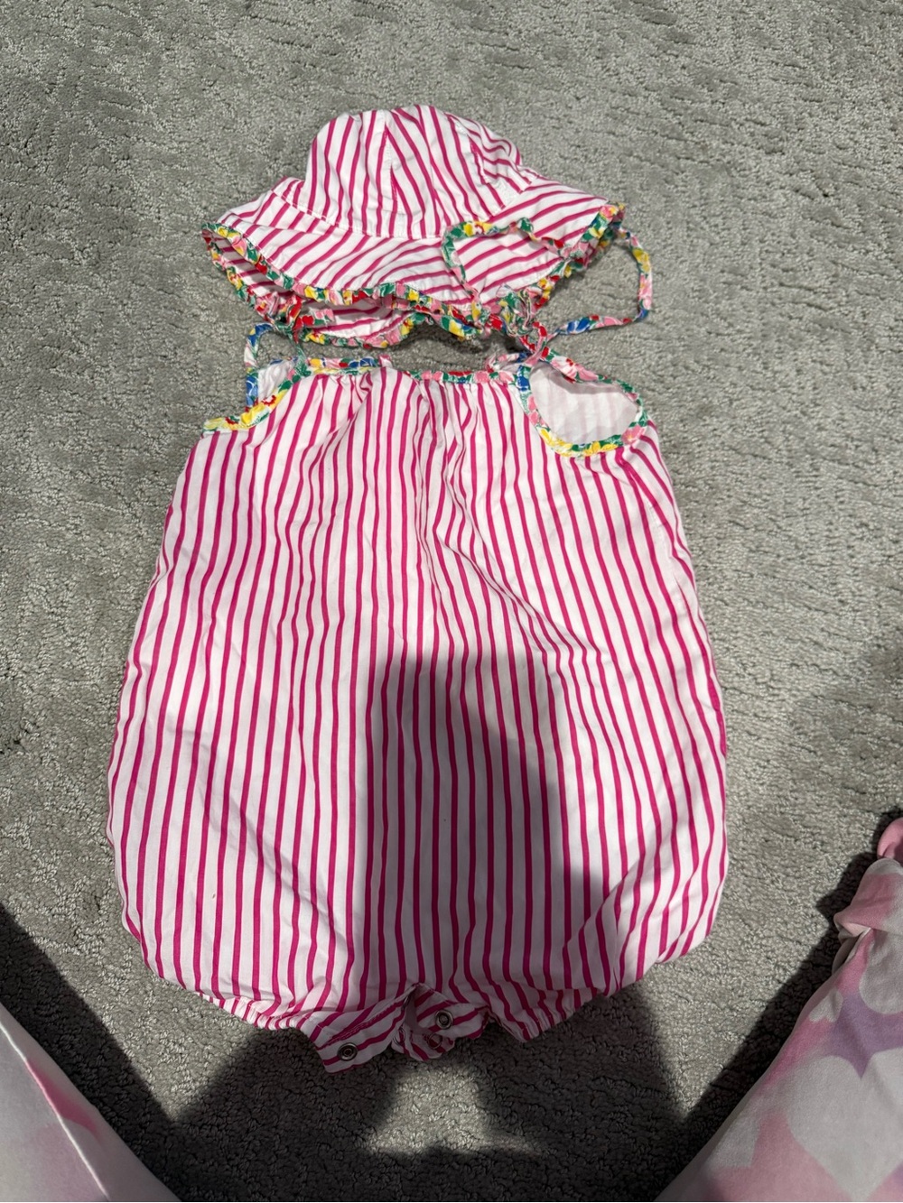Ralph Lauren Pink and White Striped Floral-Trim Dress